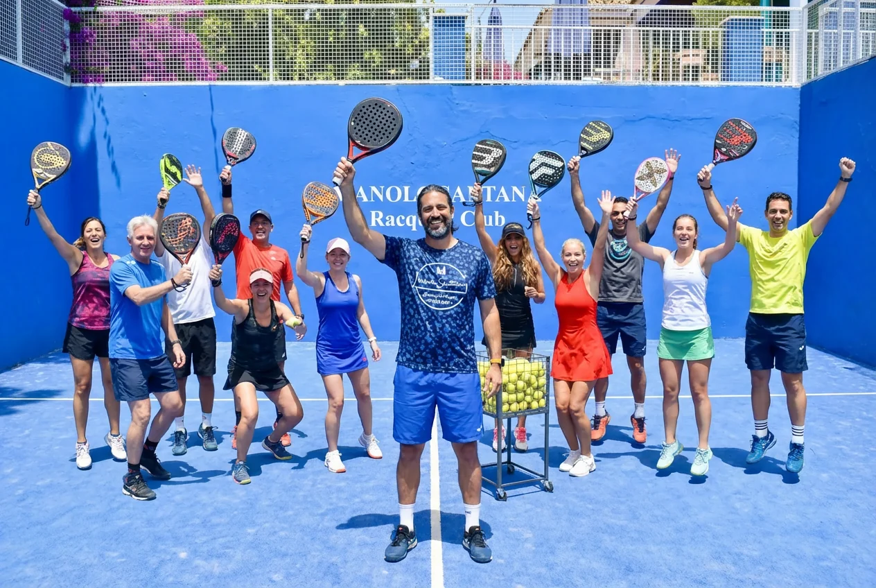 Group of players raising their rackets after a mix-in