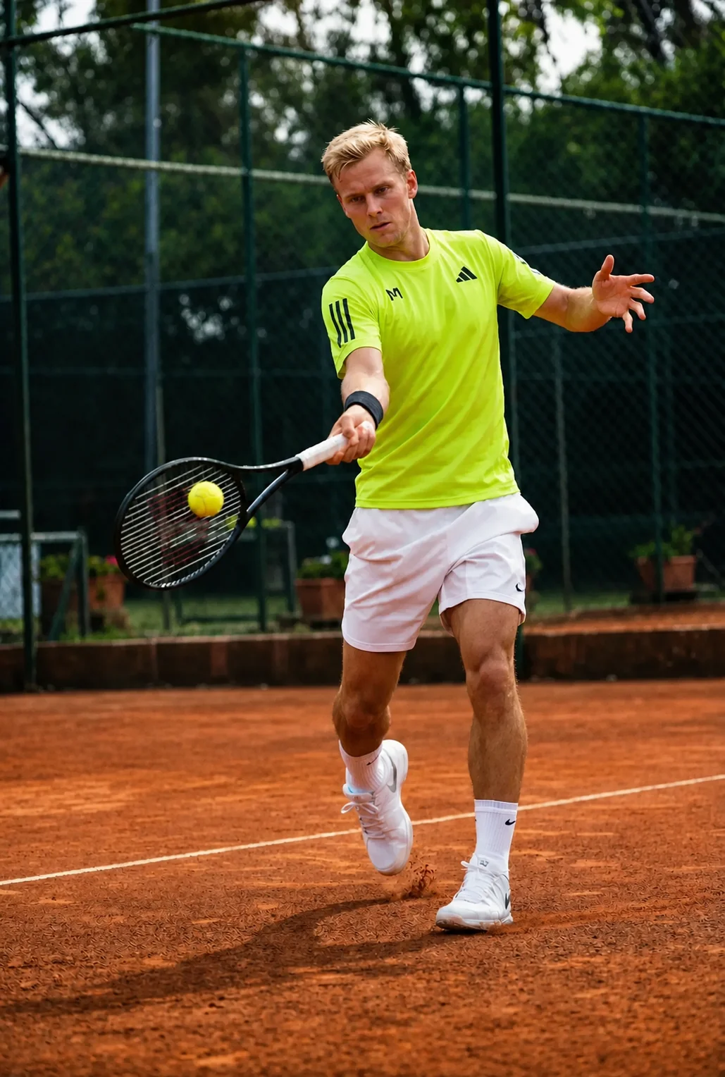 Adult player hitting a forehand on a clay court