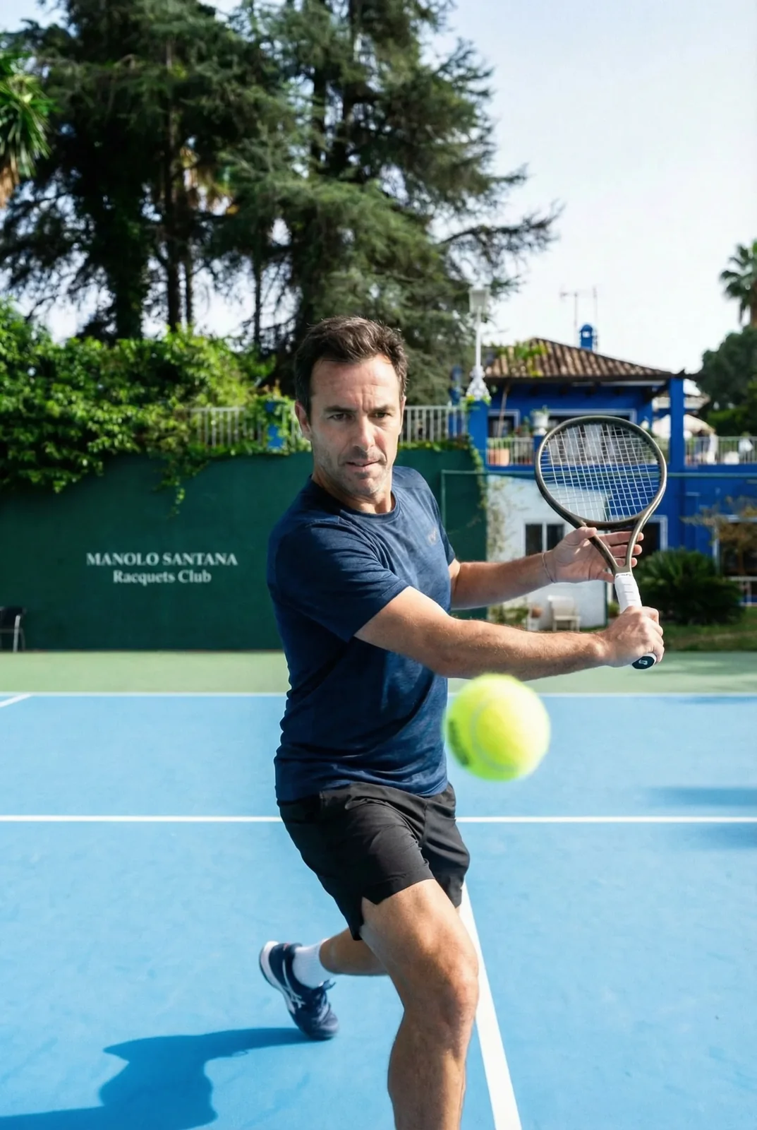 Adult player preparing a backhand on the club hard court