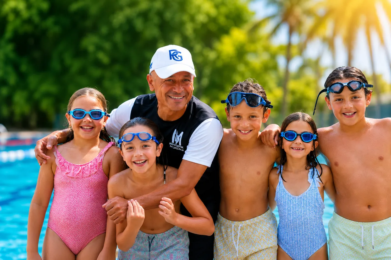 Swimming instructor with a group of children at the Manolo Santana Racquets Club pool in Marbella